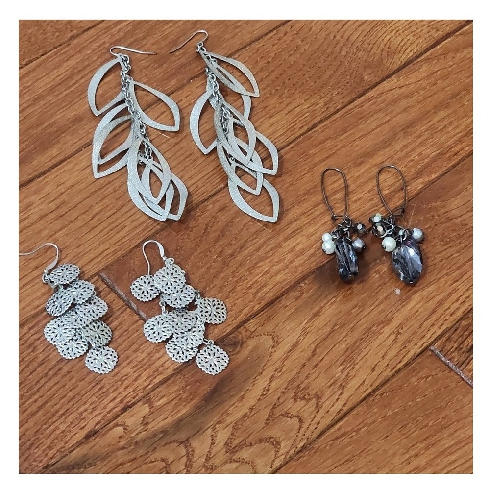 Three Silver Tone Drop Earrings Dangle Classic Feminine